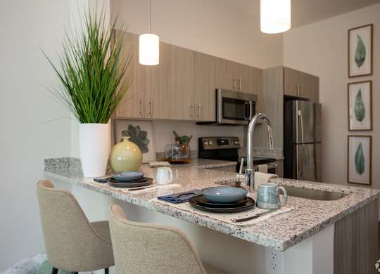 Modern kitchen with stainless steel appliances at NOVI at Concord.