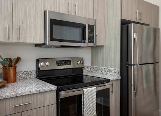 Modern kitchen with a stainless appliances at NOVI in Concord, NC