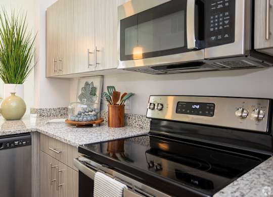 A modern kitchen with a stainless steel oven and microwave above it.