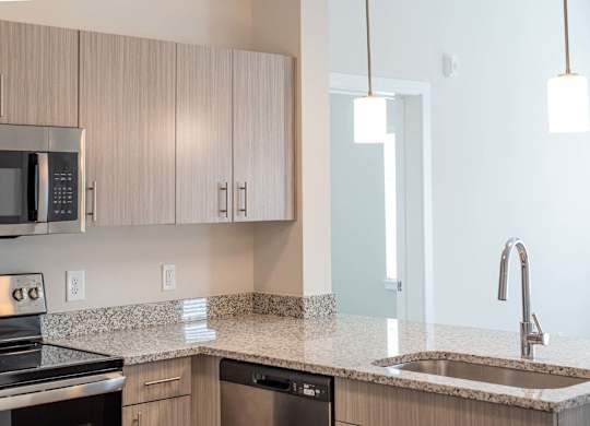 A modern kitchen with a stainless steel appliance and granite countertops at Novi Rise