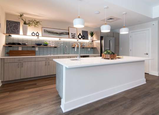 The kitchen in Novi Rise's resident lounge