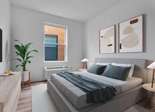 A modern bedroom with a large bed and a flat screen TV.