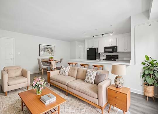 A living room with a couch, chairs, and a coffee table.