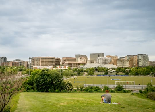 A man sits on a grassy hill overlooking a city skyline.