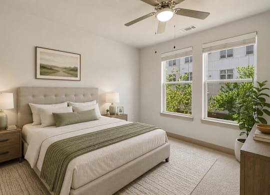 A bedroom with a large bed, a ceiling fan, and a window with a view of a building and trees outside.