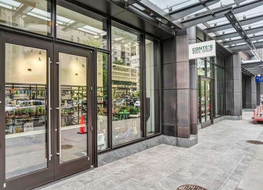 a store front of a building with glass doors