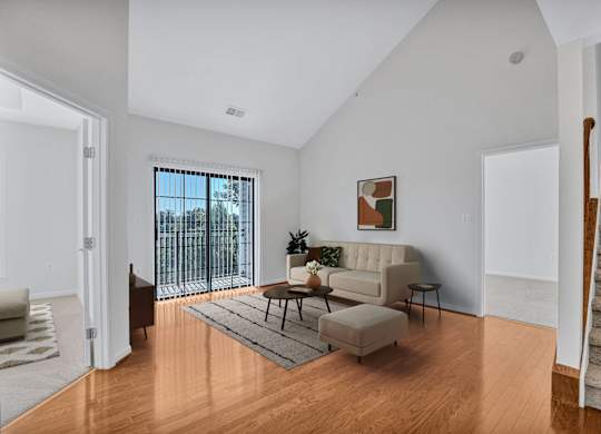 A living room with a couch, chair, and rug.
