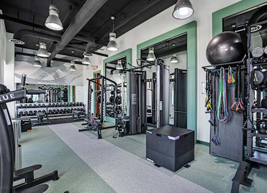 A gym with a variety of equipment including weights and a medicine ball.