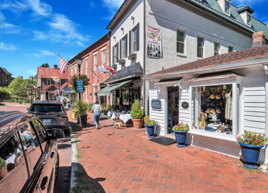 a city street with shops and a car on it