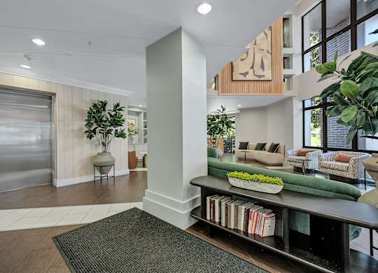 A living room with a couch, a chair, a potted plant, and a fireplace.