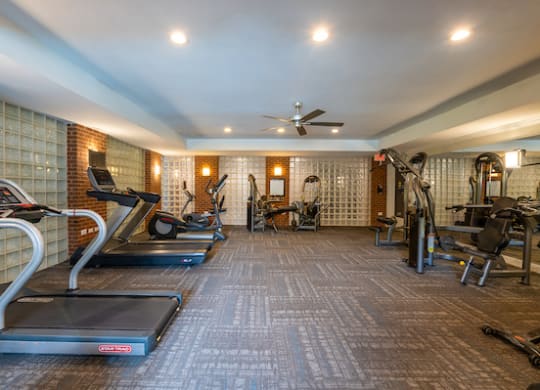 a gym with treadmills and other exercise equipment