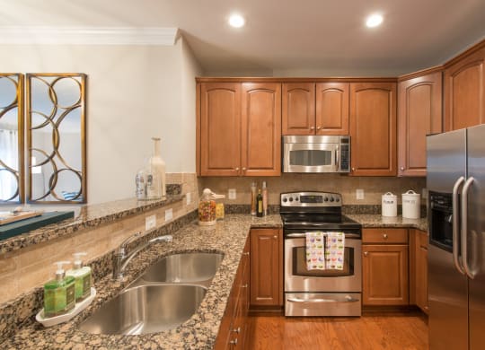 Granite countertops, recessed lighting and stainless steel appliances at The Cosmopolitan at Lorton Station, Virginia