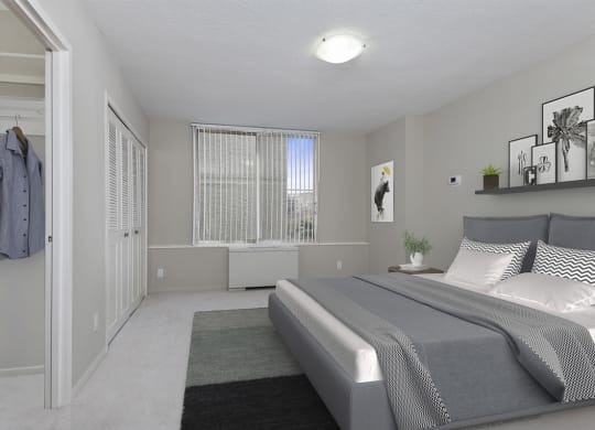 a bedroom with a bed and a closet