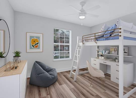 A room with a bunk bed, desk, chair, and a hanging chair.