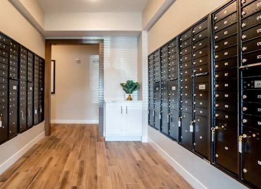 A hallway with black lockers on both sides and a white door in the middle.