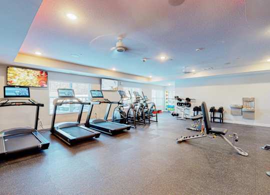 A gym with treadmills, exercise bikes, and other equipment.