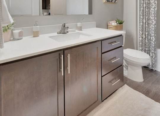 A bathroom with a white countertop and a white toilet.