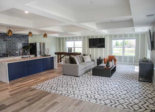 a living room with hardwood floors and a large rug