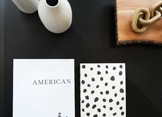a picture of a white card with black dots on it on a table next to a wooden