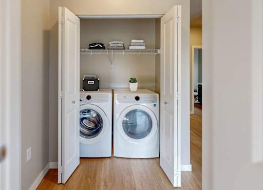 A laundry room with two washing machines and a shelf with towels and a plant.
