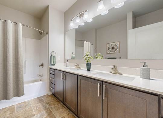 A bathroom with a shower curtain, two sinks, and a large mirror.