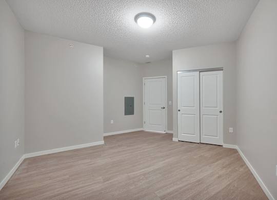 A room with a white door and a white closet.