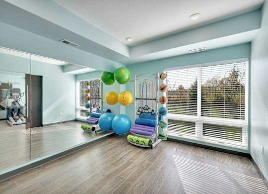 A room with a mirror, exercise equipment, and a window with blinds.