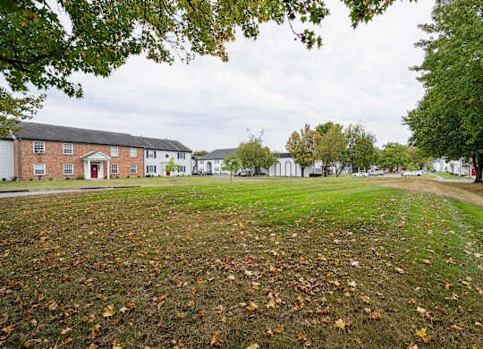 Expansive community green space with mature trees at The Vale at Walnut Creek Apartments, Columbus, OH