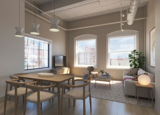 a rendering of a living room and dining room with a table and chairs at East 4th Street, Cleveland, OH, 44115