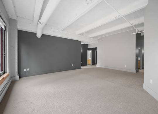 A large, empty room with white walls and carpeted floor.