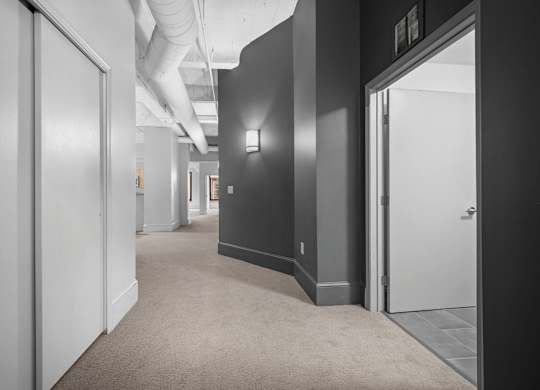 A hallway with white doors and carpeted floors.