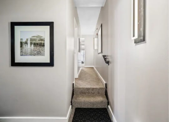 a long hallway with a picture hanging on the wall and a runner on the floor