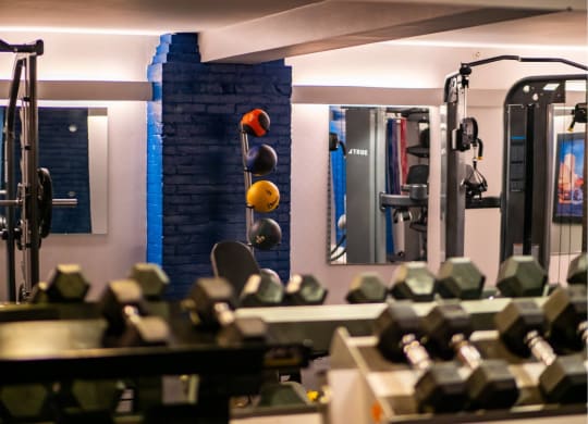 a gym with weights and a brick wall and a mirror