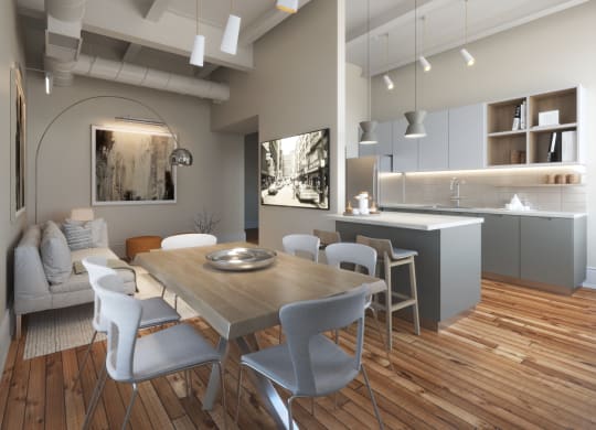 a rendering of a kitchen and dining room with a table and chairs at East 4th Street, Cleveland, Ohio