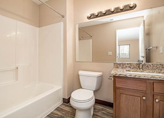 A white toilet sits next to a bathtub in a bathroom.