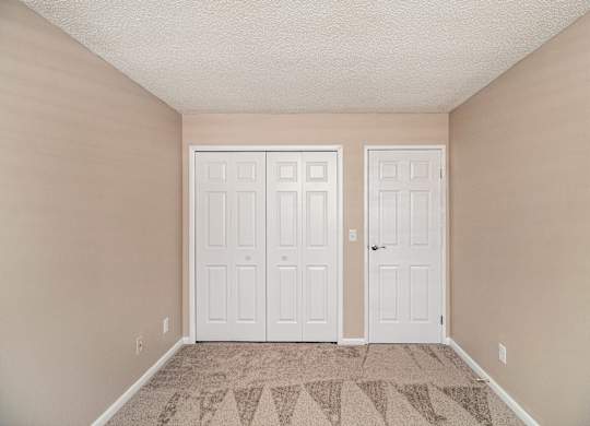 A bedroom with a closet and carpeting