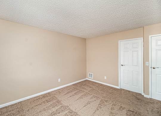 A room with beige walls and carpeted floor with two white doors.