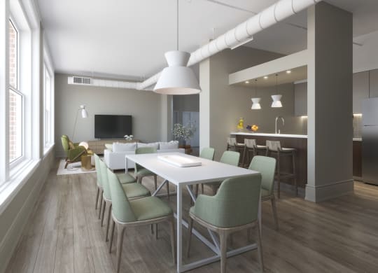 a rendering of a living room and dining room with a table and chairs