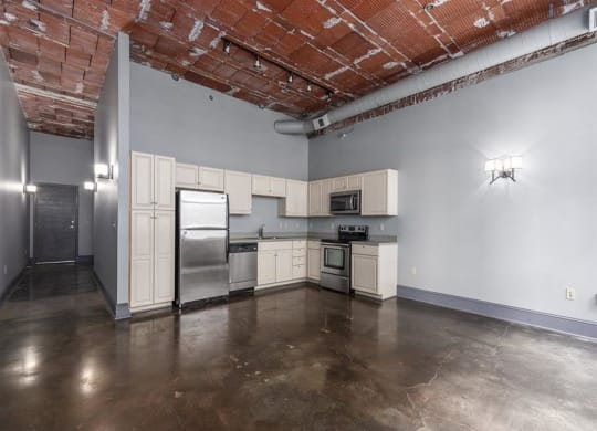 a kitchen with white cabinets and stainless steel appliances at East 4th Street, Cleveland, OH, 44115