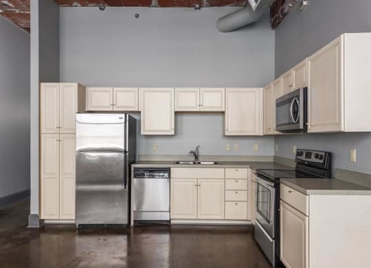 a kitchen with white cabinets and stainless steel appliances at East 4th Street, Cleveland, Ohio