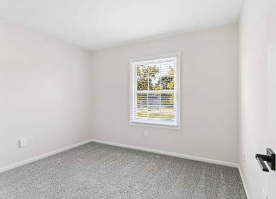 A room with a window and a grey carpet.