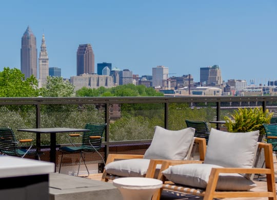 a rooftop deck with a view of the philadelphia skyline at TREO Apartments, Cleveland, OH