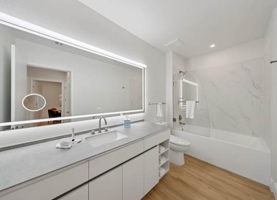 A modern bathroom with a large mirror and a wooden floor.