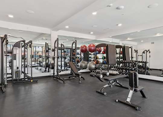 A gym with a variety of equipment including weights and machines.