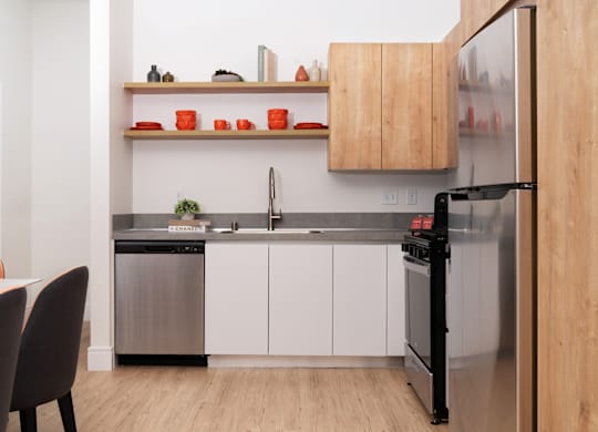 A modern kitchen with a refrigerator, sink, and dishwasher.