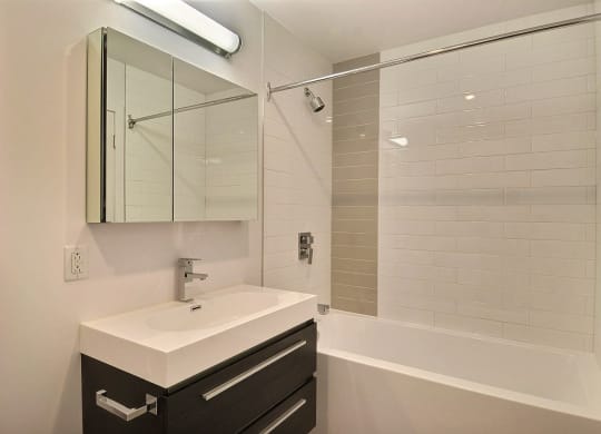 a bathroom with a sink and a shower and a mirror