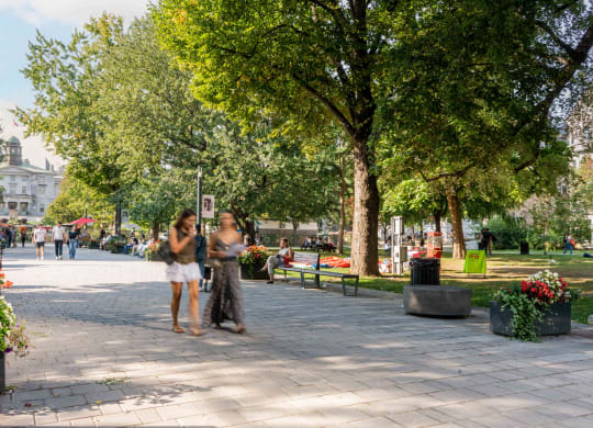 two women standing on a sidewalk in a park