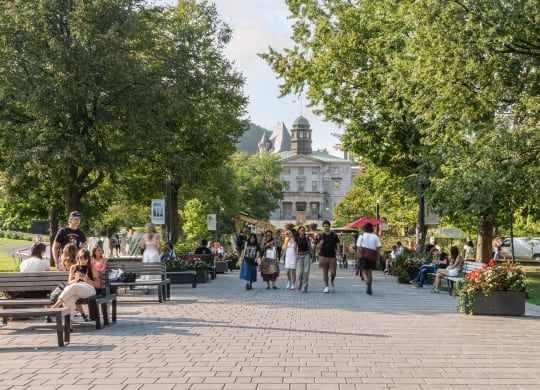 people walking and sitting on benches in a park