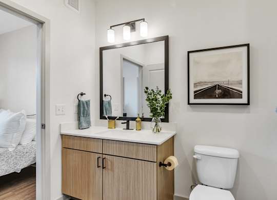 a bathroom with a toilet, a sink, and a mirror at Apex apartments in Colorado Springs, CO