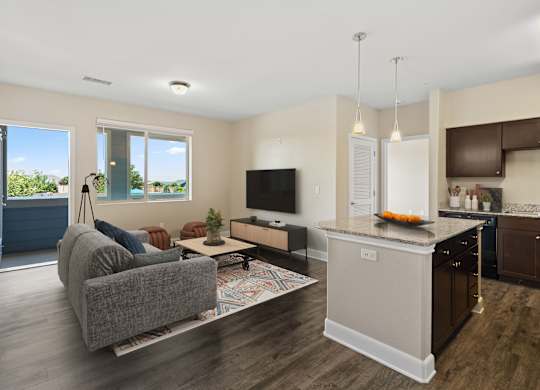 A living room with a grey couch and a television.